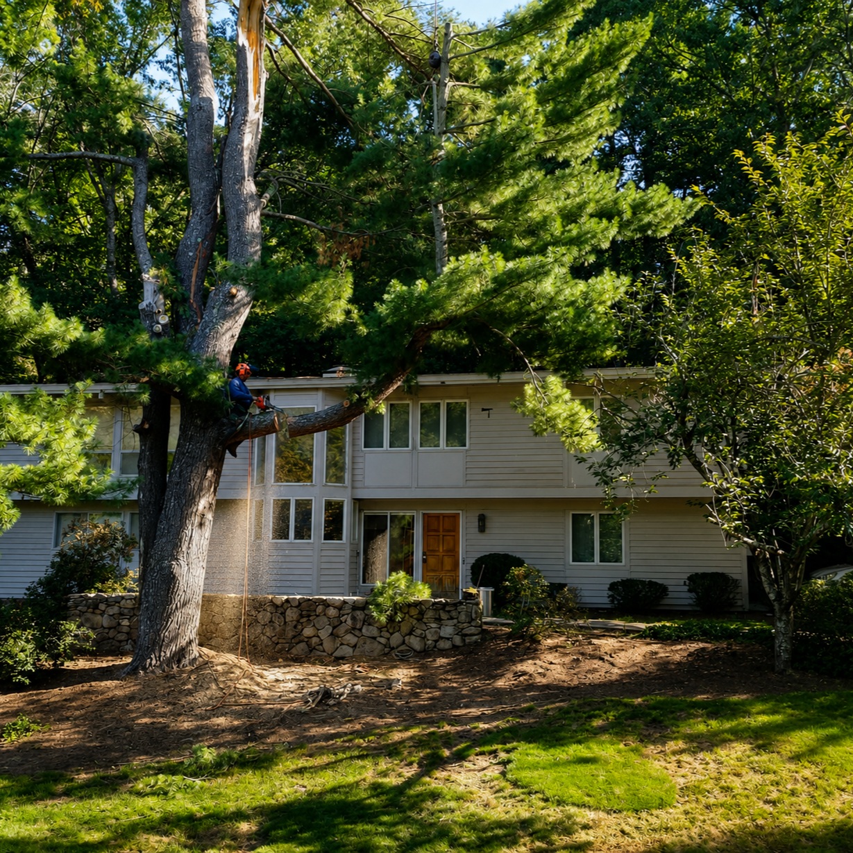 Mature trees and lawn beside a residence